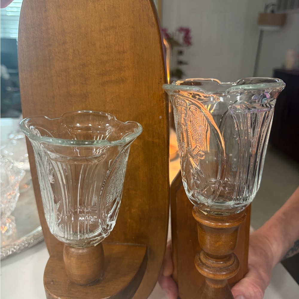 Elegant Glass and Wood Candle Holders